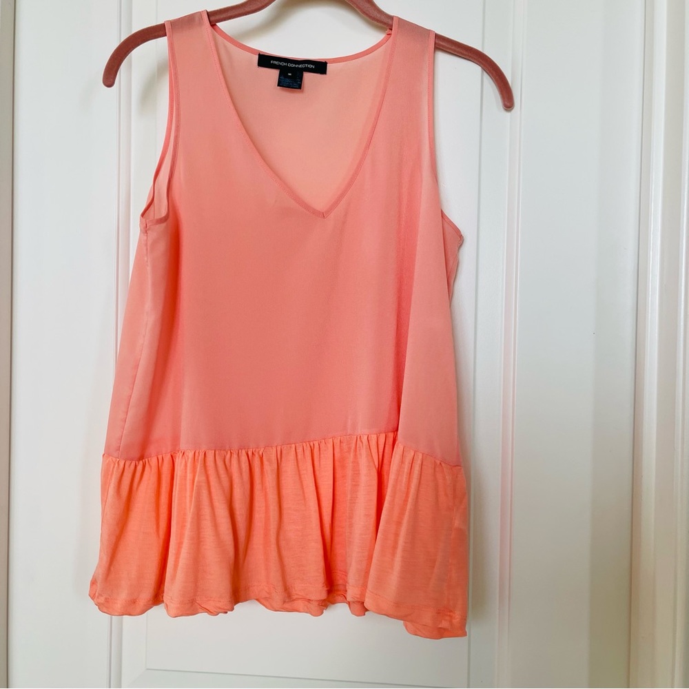 French Connection Women's Contemporary Polly Plains Ruffle Tank_Coral Size- M